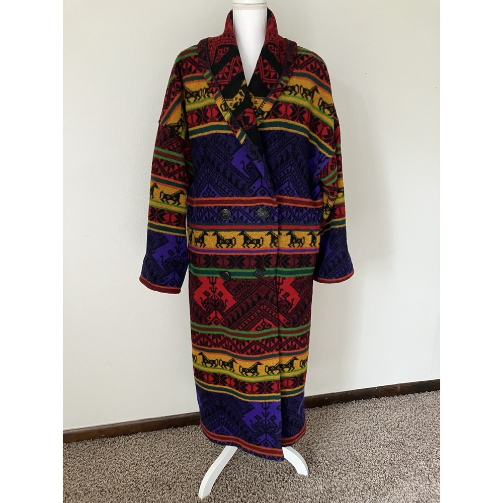 Vintage Gallery Southwestern Wool Blend Blanket Coat Duster Size Medium